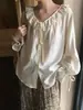 Camisa casual de color liso Yiershan Tencel con cuello de muñeca y puños de corbata, top casual estilo coreano para mujer, YE0208