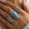 Anillo de nudillos ovalado estilo vaquero western vintage transfronterizo con incrustaciones de turquesa, anillo estilo bohemio artístico nostálgico