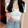 Nova Camiseta com Decote V Manga Curta Linda Justa Top Curto Versátil Casual Moda Verão Efeito Emagrecedor Solto