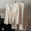 Pijama de Seda de Hielo y Nieve para Mujer, Pantalones Delgados de Manga Larga de Encaje de Alta Gama que se Pueden Usar Afuera, Conjunto de Ropa para el Hogar de Tres Piezas