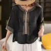 Camisa retro bordada étnica estilo japonés para mujer, camiseta fina de verano adelgazante de manga de cinco cuartos