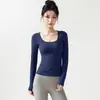 Cuello grande en U que revela la clavícula, top deportivo de manga larga para mujer con agujeros para los pulgares, ajuste ceñido, alta elasticidad, camiseta base de yoga con sensación de segunda piel