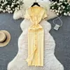 Vestido de punto de manga corta con cuello en V de alta calidad estilo Chanel para mujer, falda larga de verano ajustada con cintura de un solo botón