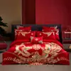 Juego de Cuatro Piezas de Boda de Lujo Estilo Chino Dragón y Fénix, Ropa de Cama Bordada de Algodón Puro para Boda, Colcha Roja de Dote, Ropa de Cama para Habitación de Boda