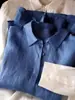 Camisa de lino de color liso de manga larga para mujer 2023 principios de otoño holgada versátil retro cuello de solapa adelgazante camisa de algodón y lino