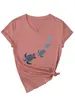 Amazon Ebay Sitio Independiente Camiseta Azul Cómoda, Divertida y Versátil para Mujer con Cuello en V de Manga Corta con Cuatro Tortugas Sopladoras de Burbujas