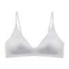 Lingerie de Cetim Leite para Seios Pequenos para Mulheres, Sutiã Francês de Renda com Decote Profundo em V e Alças Finas, Estilo Fino Sem Aro, Sutiã Push-Up de Verão para Seios Pequenos