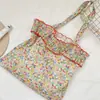 671312 Bolsa Tote Floral Vintage com Babados Bolsa de Ombro de Renda Plissada para Meninas, Bolsa de Lona de Grande Capacidade para a Escola