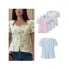 Atacado Fábrica de Roupas Femininas Transfronteiriça 2026 Doce Francês Gola Quadrada Manga Curta Cintura Afunilada Estampa Camisa Top
