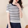 Suéter de Manga Corta Estilo Chanel para Mujer Rayado 2025 Verano Nuevo Elástico Color Contraste Jersey Elegante Versátil Top Moderno