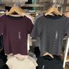 Ropa de Mujer Estilo Japonés 25 Primavera y Verano Canalé Cuello Barco Rayas Camiseta/Manga Corta Manga Tres Cuartos Ajustado Base Pullover 475842