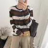 Cárdigan de punto hueco a rayas de colorblock retro para mujer, corte holgado, estilo coreano de otoño, adelgazante, abrigo suéter de forro polar de oso de miel