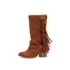 Botas Western Cowboy com Franjas Femininas 2026, Novas Botas de Salto Grosso para Meia-Canela Outono/Inverno, Botas de Cavaleiro Estilo Retro Wasteland