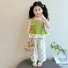 Conjunto de Ropa de Verano para Niñas 2026 Nuevo Estilo Fresco Delgado Elegante de Verano para Niños Conjunto de Dos Piezas Pantalones de Pierna Ancha para Bebé Niña
