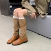 Botas Western Retro de Caña Alta para Mujer con Hebilla de Cuero Color Caramelo Castaño, Botas de Montura de Gamuza con Punta Redonda y Tacón Bajo, Botas de Media Caña