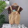 Conjunto de Ropa de Verano de Dibujos Animados para Bebés Niños y Niñas, Peto Casual de Dinosaurio con Gorra, Elegante Conjunto de Dos Piezas