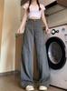 Macacão cinza retrô estilo americano feminino verão novo cintura alta solto perna larga emagrecimento all-match calças jeans retas