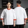 Nueva filipina de chef de manga tres cuartos con botones cruzados, manga larga, bloques de color, hecha a medida para hombres en cocinas de restaurantes