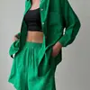Conjunto de Dos Piezas de Algodón Moda Nueva Primavera/Verano 2026 Europeo y Americano Camisa de Manga Larga con Cuello de Solapa y Bolsillo de Botón Shorts de Pierna Ancha Sueltos