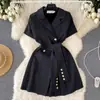 Diseño de Nicho Traje Retro Solapa Manga Corta Vestido Verano Mujer Cordones en la Cintura Adelgazante Elegante Casual Falda