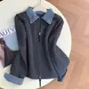 Foto real novo cardigã de tricô patchwork jeans retrô de outono inicial feminino versátil modelador zíper duplo estiloso falso duas peças