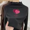 Ropa interior de base para niñas de dibujos animados De Rong Otoño e Invierno Cuello medio alto Manga larga Tallas medianas y grandes para niños Elegante Cálido Oreja Volante Ropa interior Camiseta