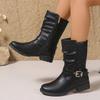 Comercio Exterior Estilo Europeo y Americano Talla Grande Botas Vaqueras Occidentales de Media Pantorrilla para Mujer Nueva Moda Cadena Remache Tacón Grueso Botas de Jinete Deseo