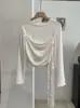 Camiseta KEKEZOON com barra franzida, plissado assimétrico dupla face, acinturada, manga longa, corte justo e modelagem que afina, gola redonda 9104