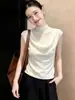 Blusa de Tricô Sem Manga Azul Claro para Mulheres, Novo Estilo Verão 2026, Patchwork, Amiga da Pele, Respirável, Slim-Fit