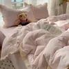 Juego de ropa de cama de princesa estilo coreano, 100% algodón, con un delicado diseño de encaje floral, perfecto para niñas pequeñas. Incluye sábana bajera, funda de edredón y fundas de almohada