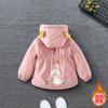 Inverno 2025 Novo Casaco com Capuz Forrado de Lã Estilo Coreano para Meninas Estampa de Coelho Fofa Casaco Masculino Quente com Cintura Acolchoado de Algodão