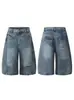 Shorts de Mezclilla Rayados Lavados Retro Americanos Patchwork Desconstruido Streetwear Holgados Casuales Pantalones Cropped de Pierna Ancha