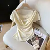 Camiseta de Manga Corta Falsa de Dos Piezas con Cuello Fruncido de Punto para Mujer, Diseño Único 'Pure Desire Hot Girl', Nueva Colección Verano 2025