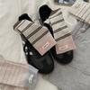 Calcetines de Tela Min con Etiqueta de Moda para Mujer, Calcetines de Media Pantorrilla para Otoño e Invierno, Rayas Finas, Empalme de Color Contrastante, Calcetines de Felpa, Calcetines de Rayas Retro