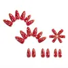 Uñas postizas de fábrica con temática de hongos en color rojo brillante sólido con lunares, forma larga de almendra, uñas postizas desmontables