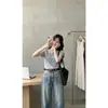 Lyocell 20% poliéster 80%Esencial para el trayecto diario de verano~Camiseta de mujer de corte recto con estampado de letras vintage retro y hombros rectos, nuevo modelo 2026
