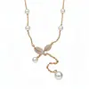 Hoja de Jade Dorada~Collar de Perlas con Hoja de Zirconia Bañado en Oro Real de 18k Cadena Francesa para Clavícula Joyería de Nicho de Lujo Ligero