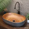 Lavabo de encimera retro con veta de madera sintética, lavabo creativo grande de forma ovalada para balcones de casa de huéspedes