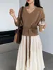 Suéter tejido Jiangzuo elegante y con estilo, de cuello en V que ajusta la cintura, para mujer, nuevo otoño e invierno, top suave, elástico y versátil Z016