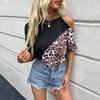 Amazon Estación Independiente Comercio Exterior Transfronterizo Moda Europea y Americana Top Nuevo Estampado Leopardo Calado Manga Corta Costuras Camiseta para Mujer