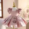 Vestido Rosa Infantil Francês Bufante Manga Curta Doce e Fofo Vestido de Aniversário Novo Estilo Vestido de Performance