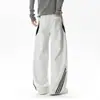 Pantalones de chándal a rayas de bloques de color de peso pesado estilo americano, unisex, colección de otoño, pantalones casuales retro blancos y grises, pantalones largos de pierna recta holgados de moda