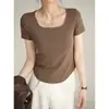 Camiseta de Fibra de Madera Ecológica para Mujer, Cuello Cuadrado Pequeño, Bloques de Color, Corte Ajustado, Manga Corta, Estilo Verano, Almacén Japonés al por Mayor Seda de Hielo