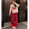Conjunto de Ropa de Primavera 2026 para Mujer, Estilo Perezoso Suéter Rojo Jacquard con Dibujo de Pony y Pantalones Anchos de Cintura Alta Conjunto de Dos Piezas para Mujer