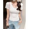 Camiseta de Encaje Estilo Ballet con Puro Deseo para Mujer, Nueva de Verano 2026, Estilo Vintage, Manga Corta, Bordes Enrollados, Top Básico