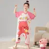 Pijama de una pieza de verano fino para niñas, manga corta, algodón puro, estilo de dibujos animados, corte holgado, ropa de casa para bebés y niños que se puede usar en el exterior