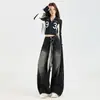 Jeans Americano de Cintura Alta Estilo Streetwear Emagrecedor Desgastado de Perna Larga para Mulheres, Calça Larga Solta Nova Tendência para Mulheres