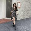 Vestido floral de fábrica de longitud media para mujer, nuevo verano 2024, cintura ajustada, diseño adelgazante, falda de manga corta irregular.