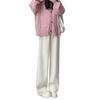 Pantalones de punto de espiga de trigo pequeños con forro polar para otoño e invierno para mujer 145 cintura alta drapeados casuales de chenilla de pierna ancha 150 cm