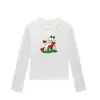 Camiseta branca de gola redonda e manga longa para mulheres, novo estilo coreano primavera/outono com estampa de cordeiro de desenho animado, top justo